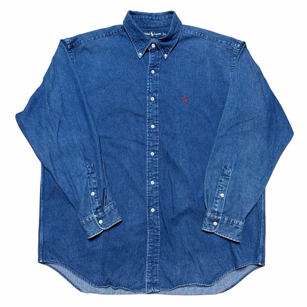 Vintage Ralph Lauren Blaire Blue Denim Button Up Long Sleeve Shirt XL Pony Logo - Picture 2 of 7